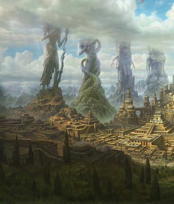 fantasy castles in a city with tall stone giants surrounding them