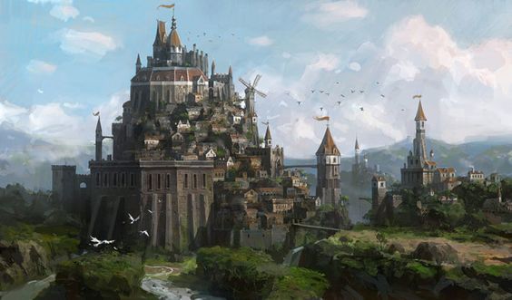 a fantasy fortress with tall walls and a moat