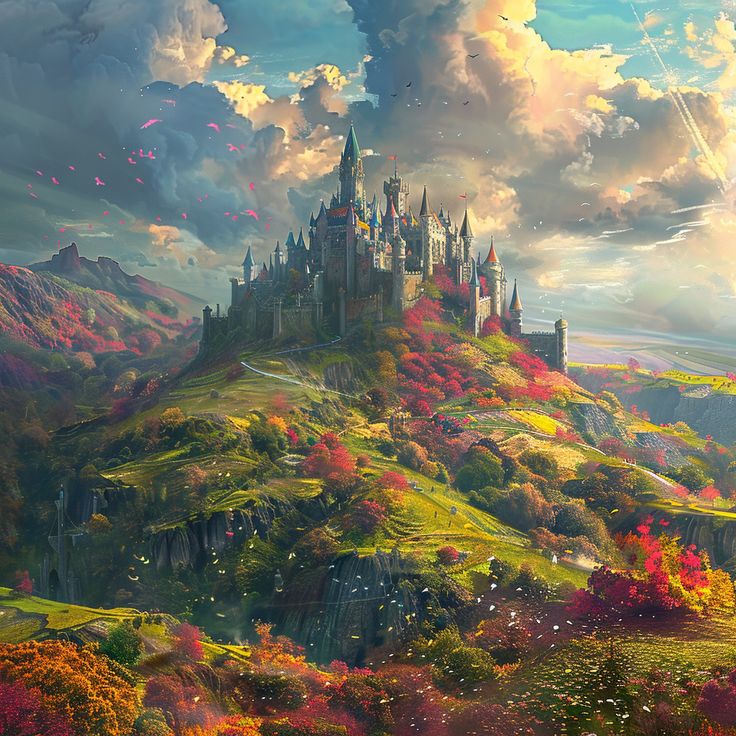 a fantasy castle upon a hill set in a vibrant landscape