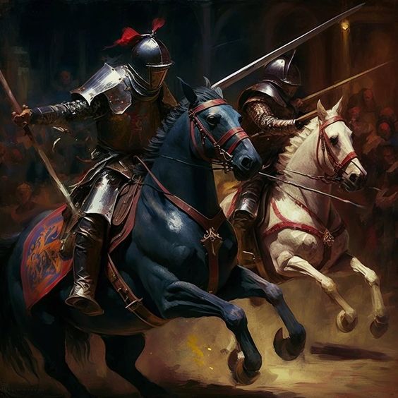 an example of a world building prompt: an image of two knights duelling on horseback